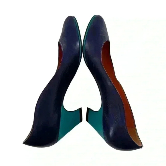Ellen Tracy heels 8 N purple blue color block Italian leather 80s 90s vintage - Picture 6 of 12